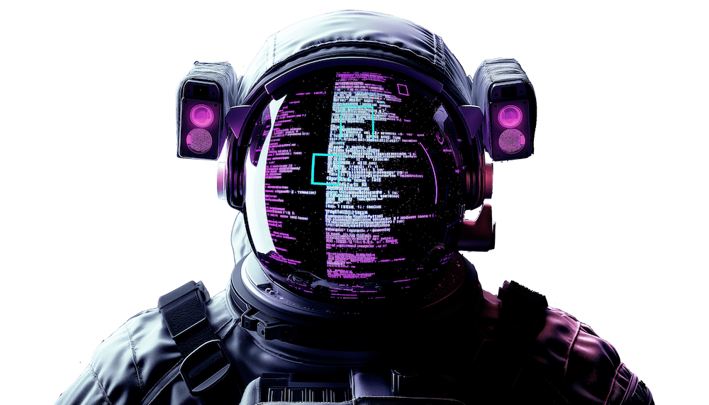 Space suit with programming code reflected in visor