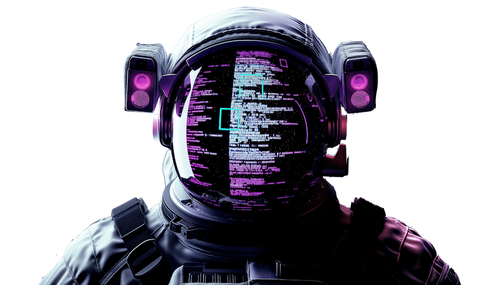 Space suit with programming code reflected in visor